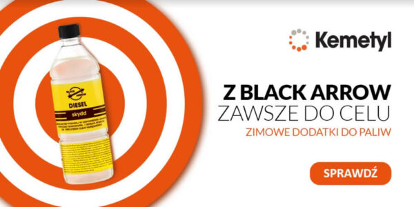 Butelka zimowego dodatku do paliw na biało-pomarańczowym tle. Obok logo Kemetyl.